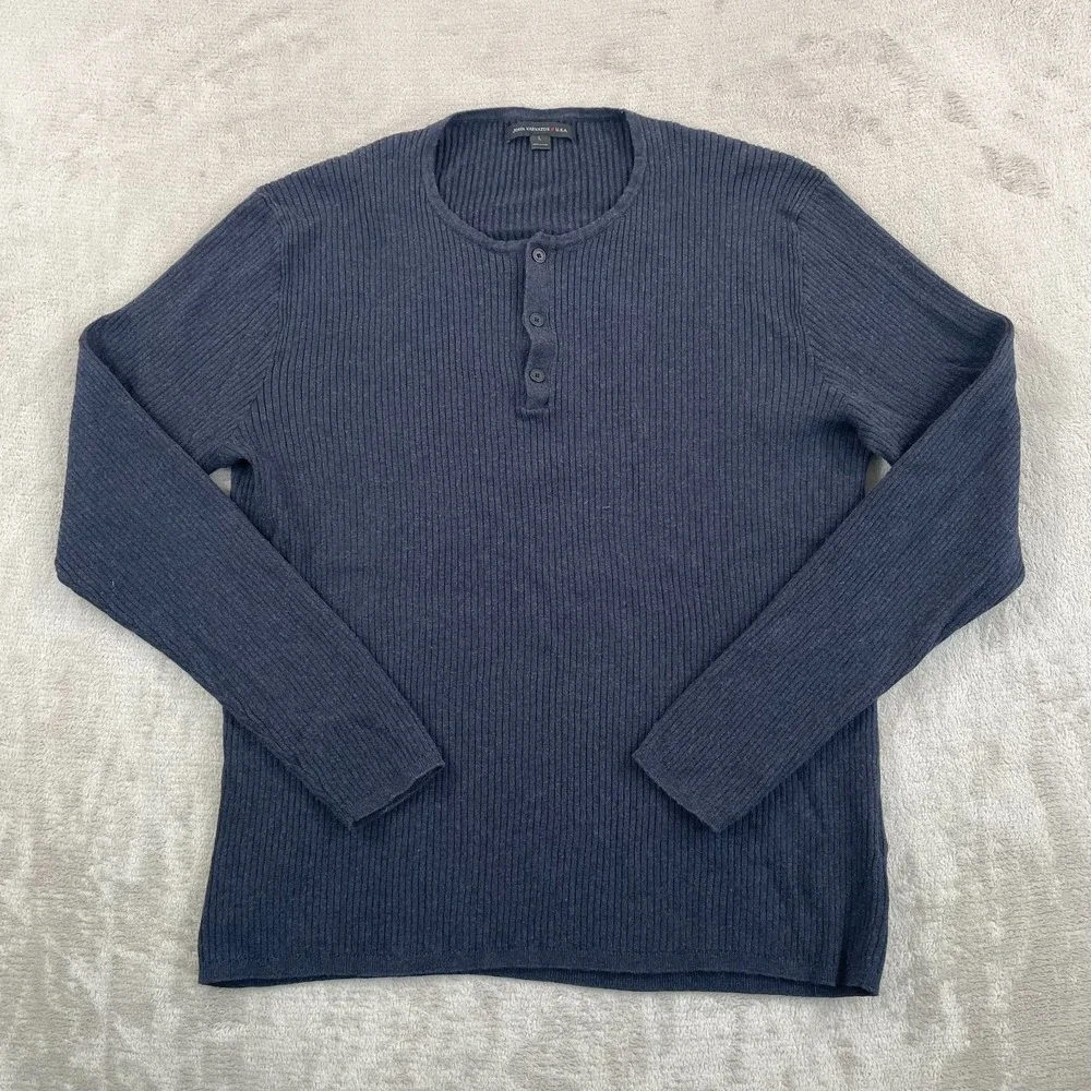John Varvatos Henley Sweater Men Large Navy‎ Camel Hair Blend Ribbed USA $298